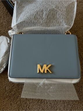 Michael Kors Light Blue Leather MK Logo Crossbody Bag